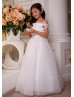 Off Shoulder Ivory Lace Tulle Long Flower Girl Dress